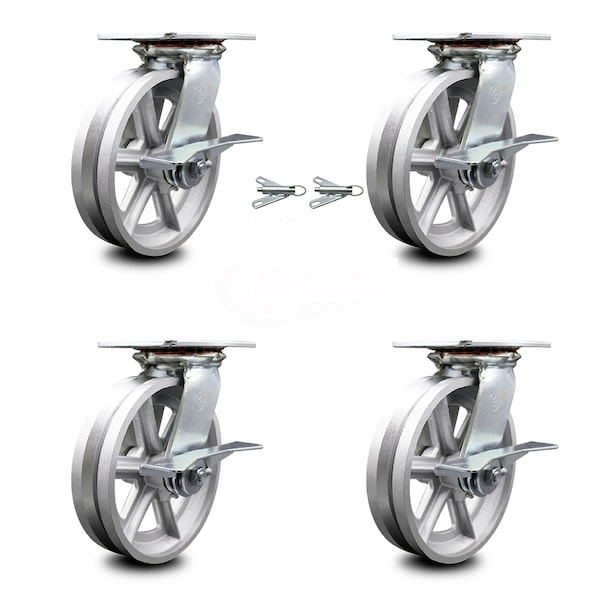 Service Caster 8 Inch V Groove Semi Steel Caster Set with Roller Bearing 4 Brake 2 Swivel Lock SCC-35S820-VGR-SLB-BSL-2-SLB-2 - main